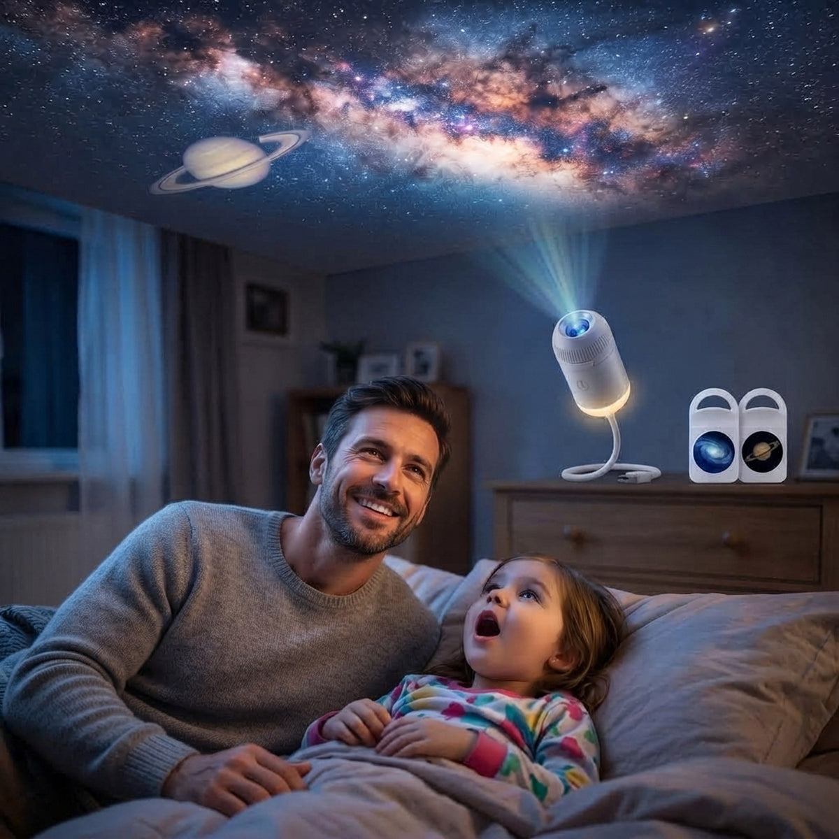 Father and daughter watching the Milky Way on the bedroom ceiling