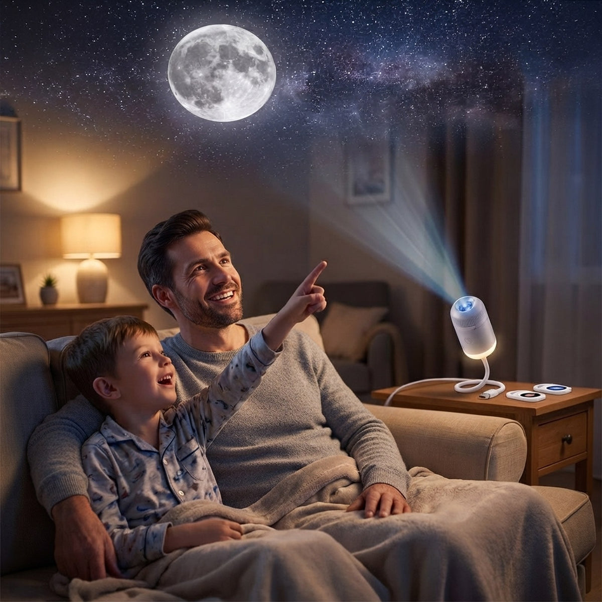 Father and son pointing at the Moon on the ceiling