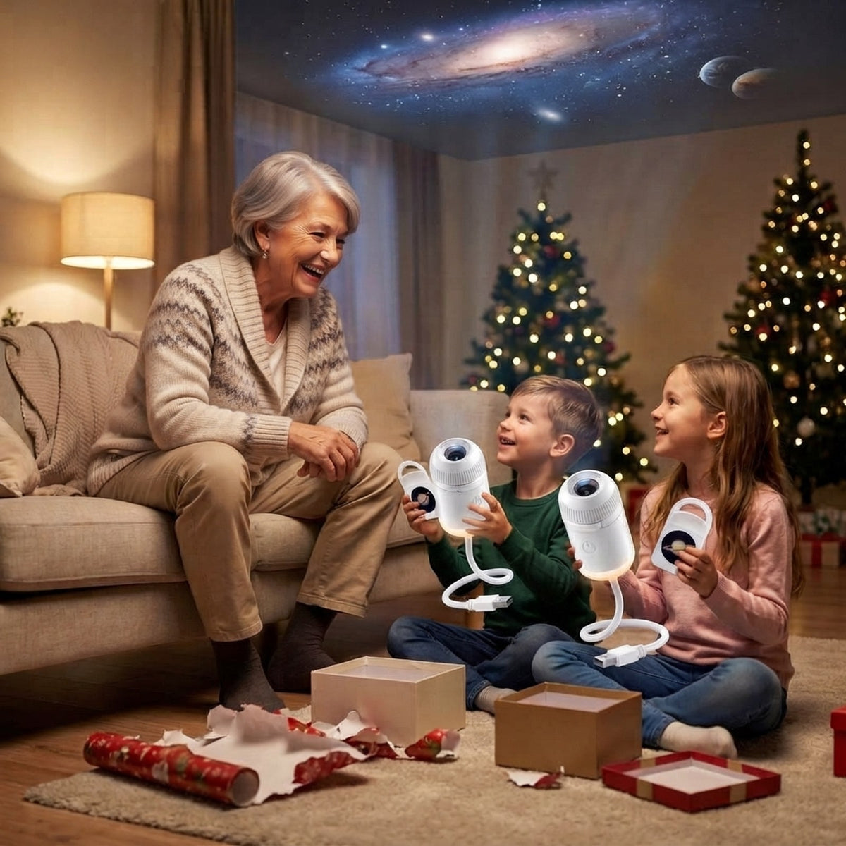 Two grandchildren unwrapping one STARLY projector each with their grandmother