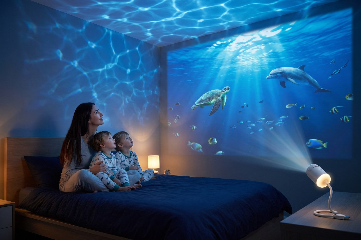 A mother and two children watching an ocean scene on the bedroom wall