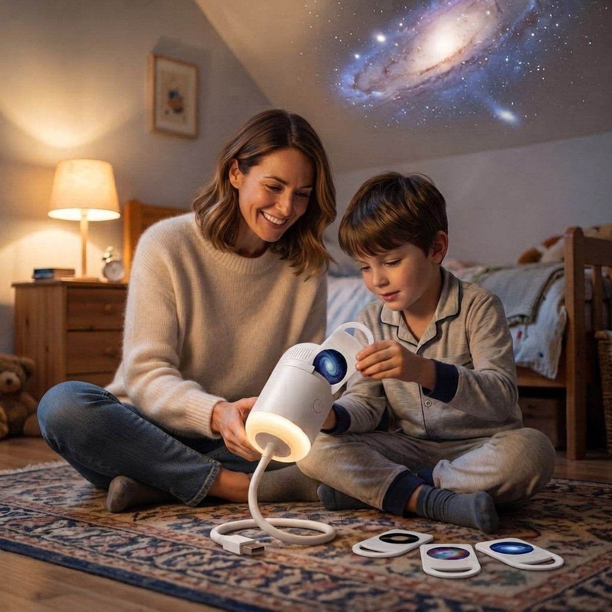 Son clicking a picture disc into STARLY with his mother