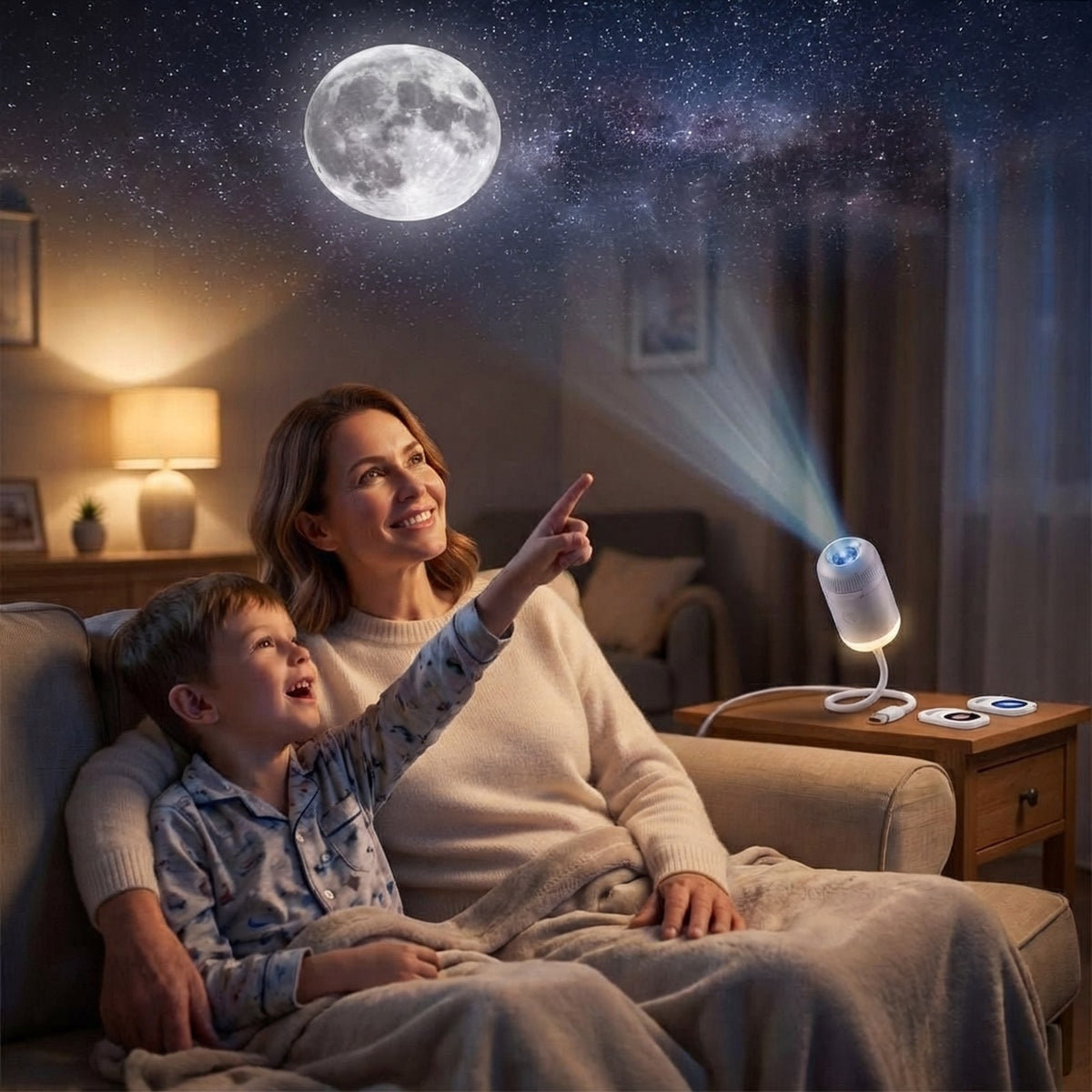 Mother and son pointing at the Moon on the ceiling