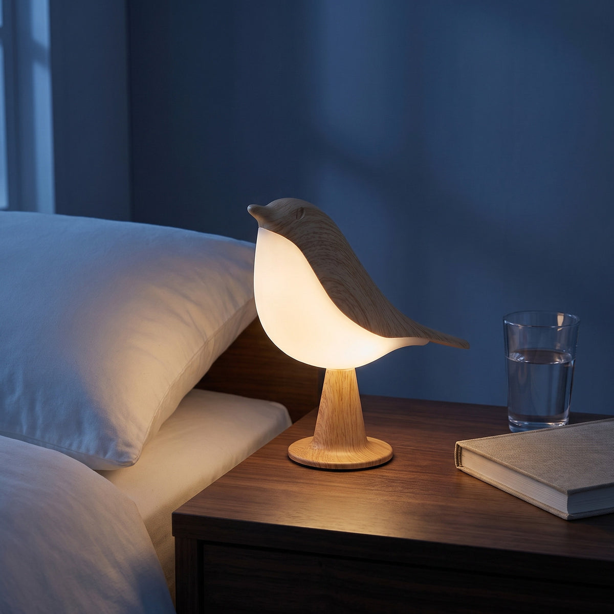 Songlow glowing on a nightstand at night