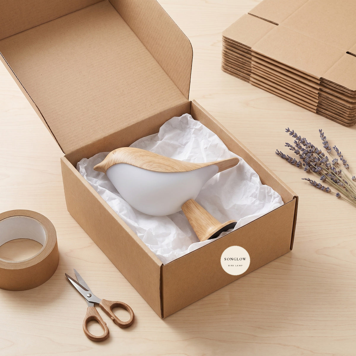 A Songlow lamp packed and ready to ship