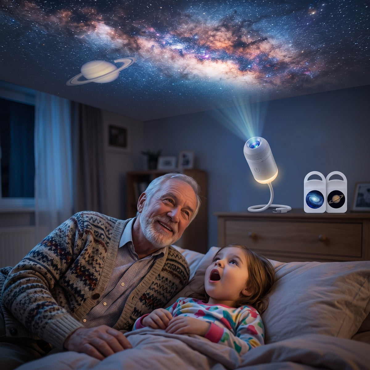 Grandfather and granddaughter watching the Milky Way on the bedroom ceiling