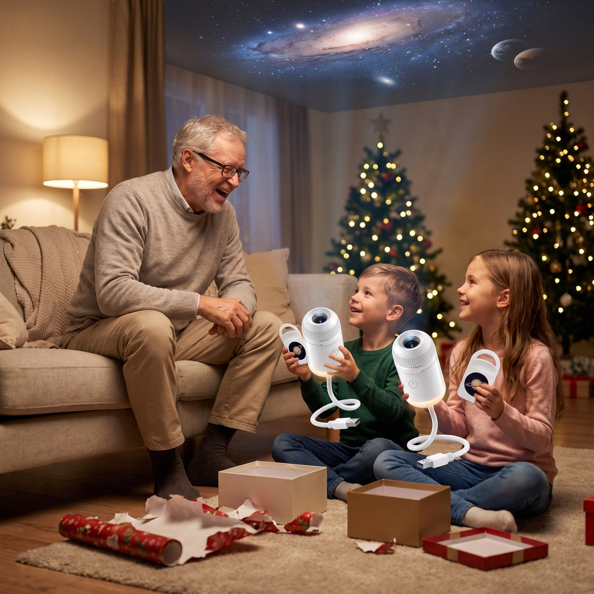 Two grandchildren unwrapping one STARLY projector each at Christmas