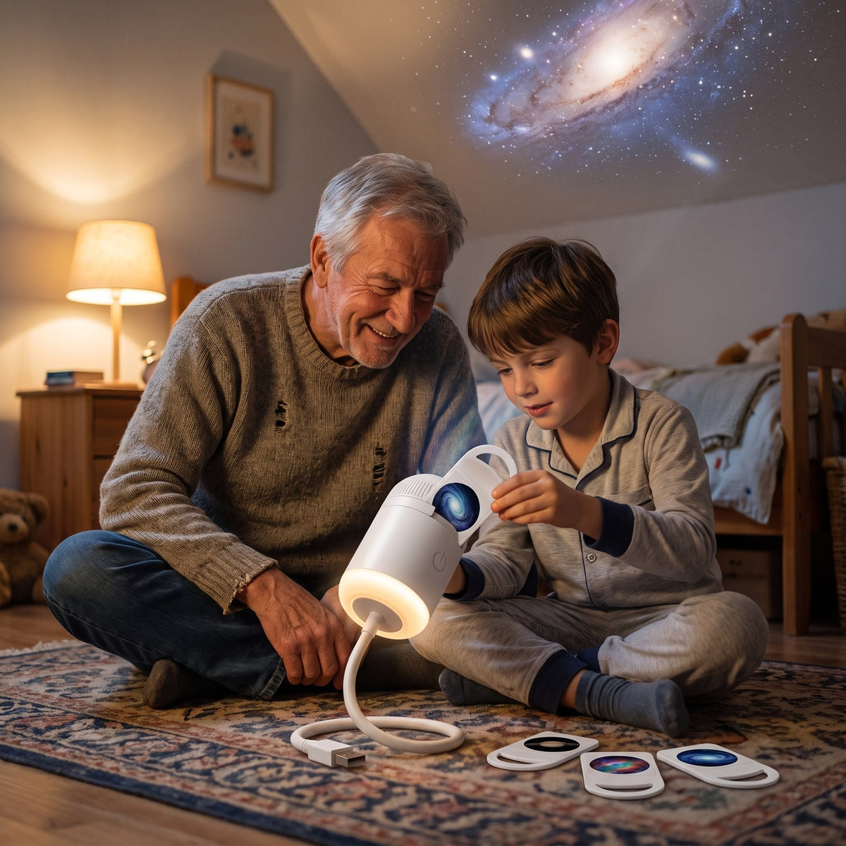 Grandson clicking a picture disc into STARLY with his grandfather