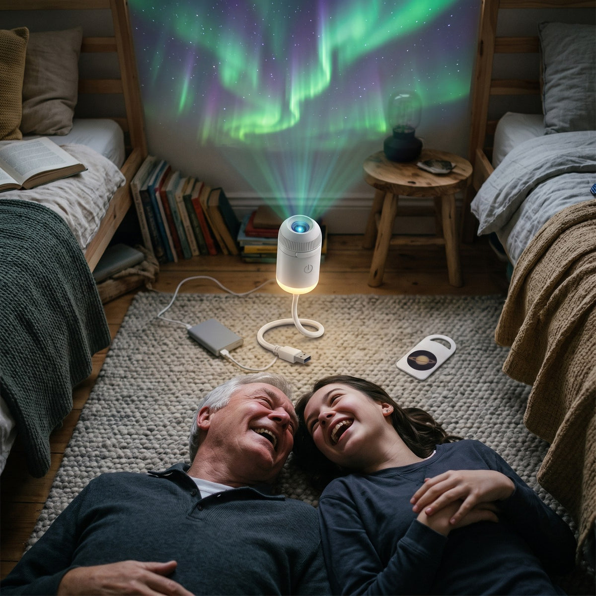 Grandfather and granddaughter laughing under northern lights on the ceiling