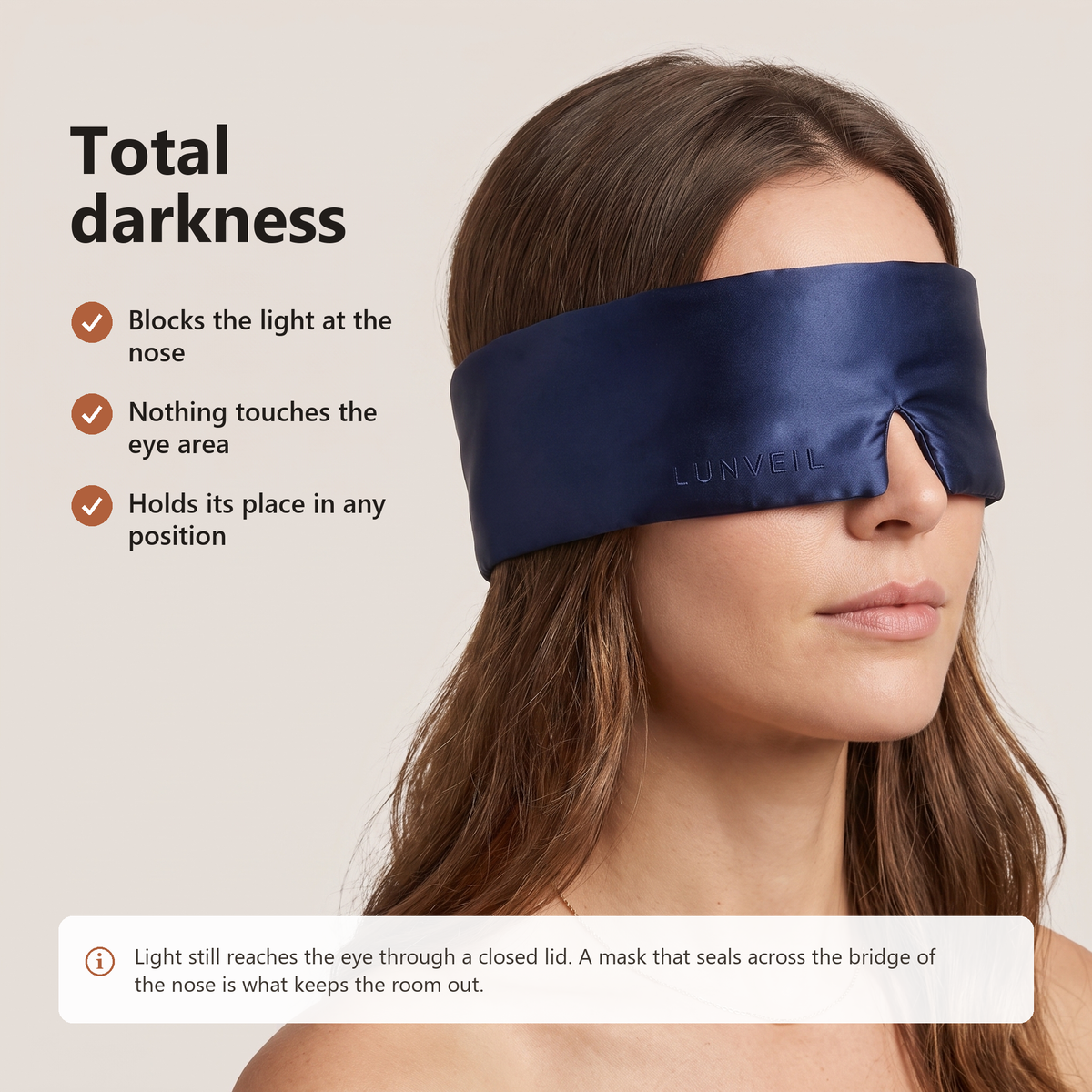 A woman wearing the mask over her eyes, with three points about total darkness and a note on light through a closed lid