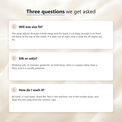 Three answered questions on a silk background: will one size fit, silk or satin, and how to wash it