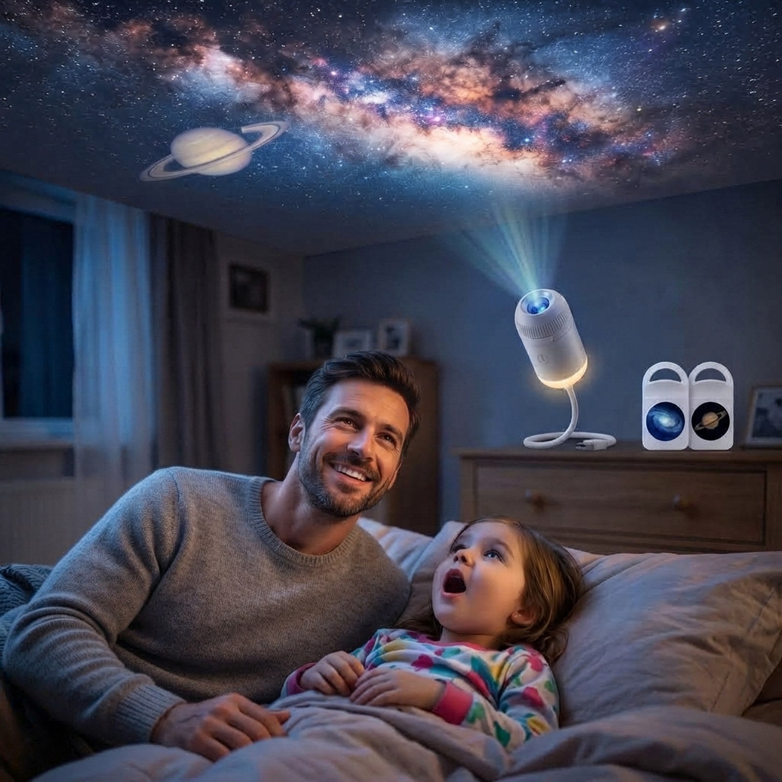 Father and daughter watching the Milky Way on the bedroom ceiling