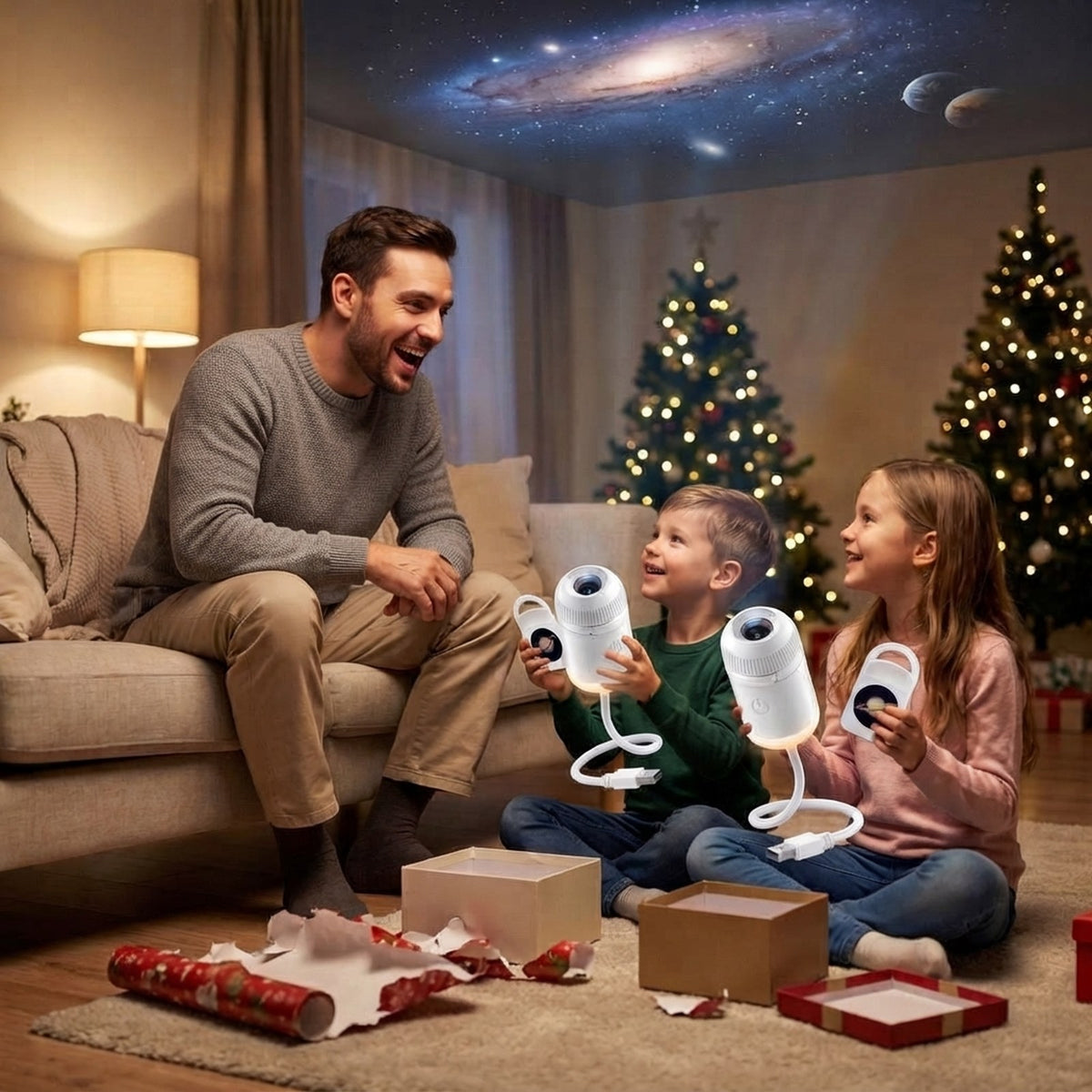Two children unwrapping one STARLY projector each with their father