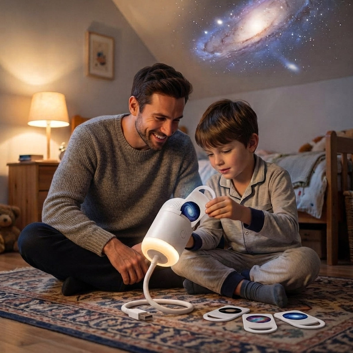 Son clicking a picture disc into STARLY with his father