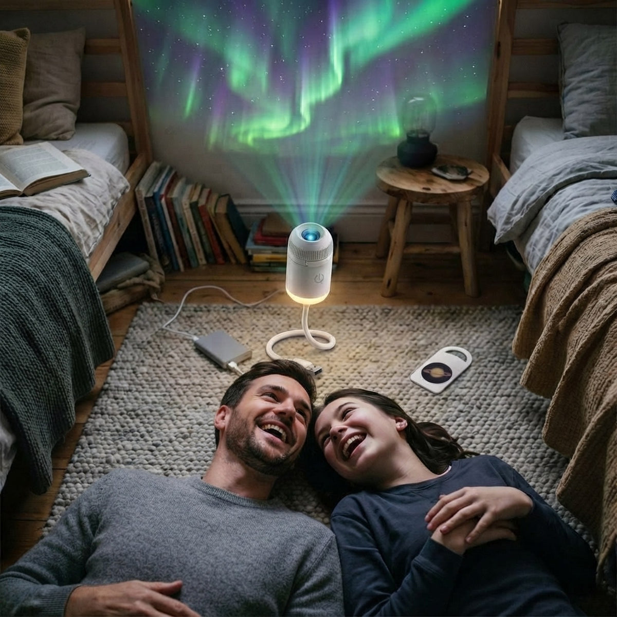 Father and daughter laughing under northern lights on the ceiling