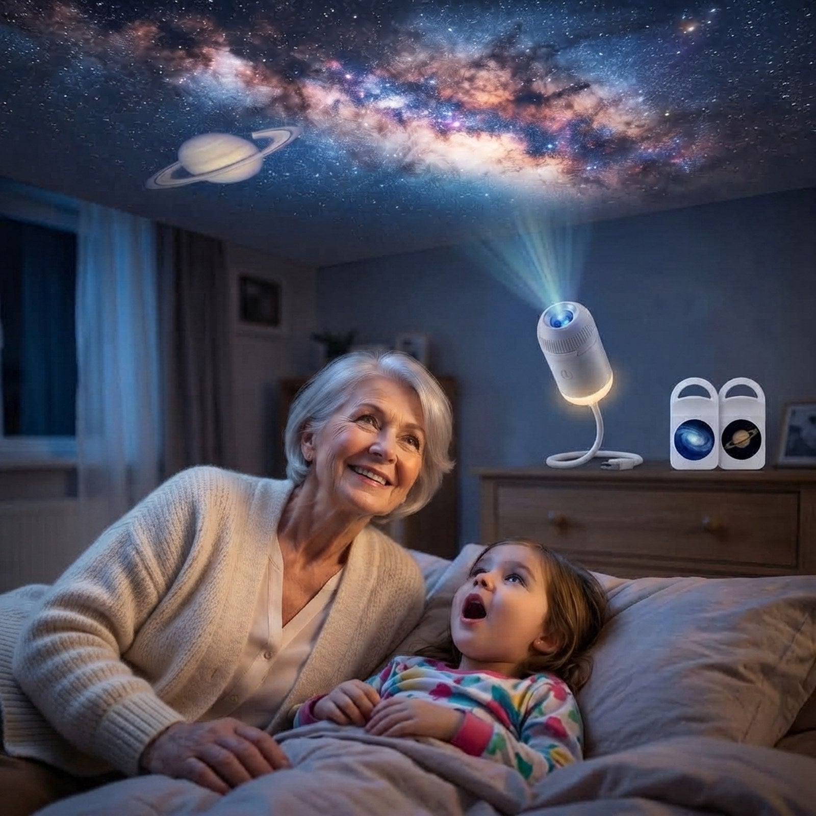 Grandmother and granddaughter watching the Milky Way on the bedroom ceiling