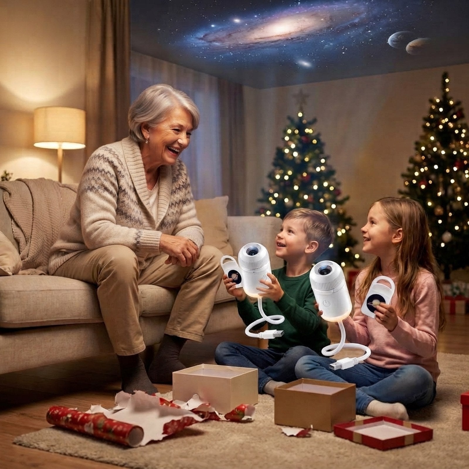 Two grandchildren unwrapping one STARLY projector each with their grandmother
