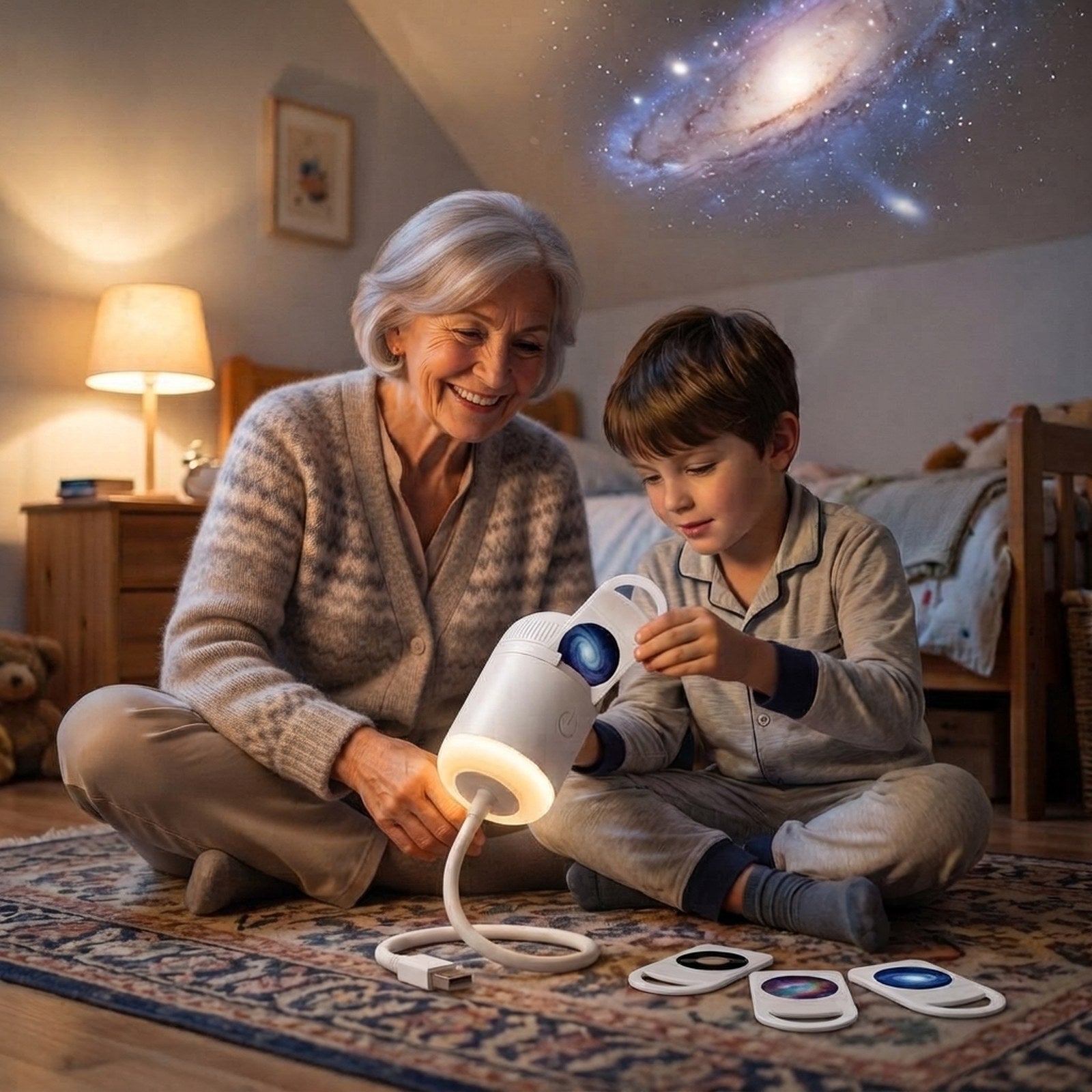 Grandson clicking a picture disc into STARLY with his grandmother