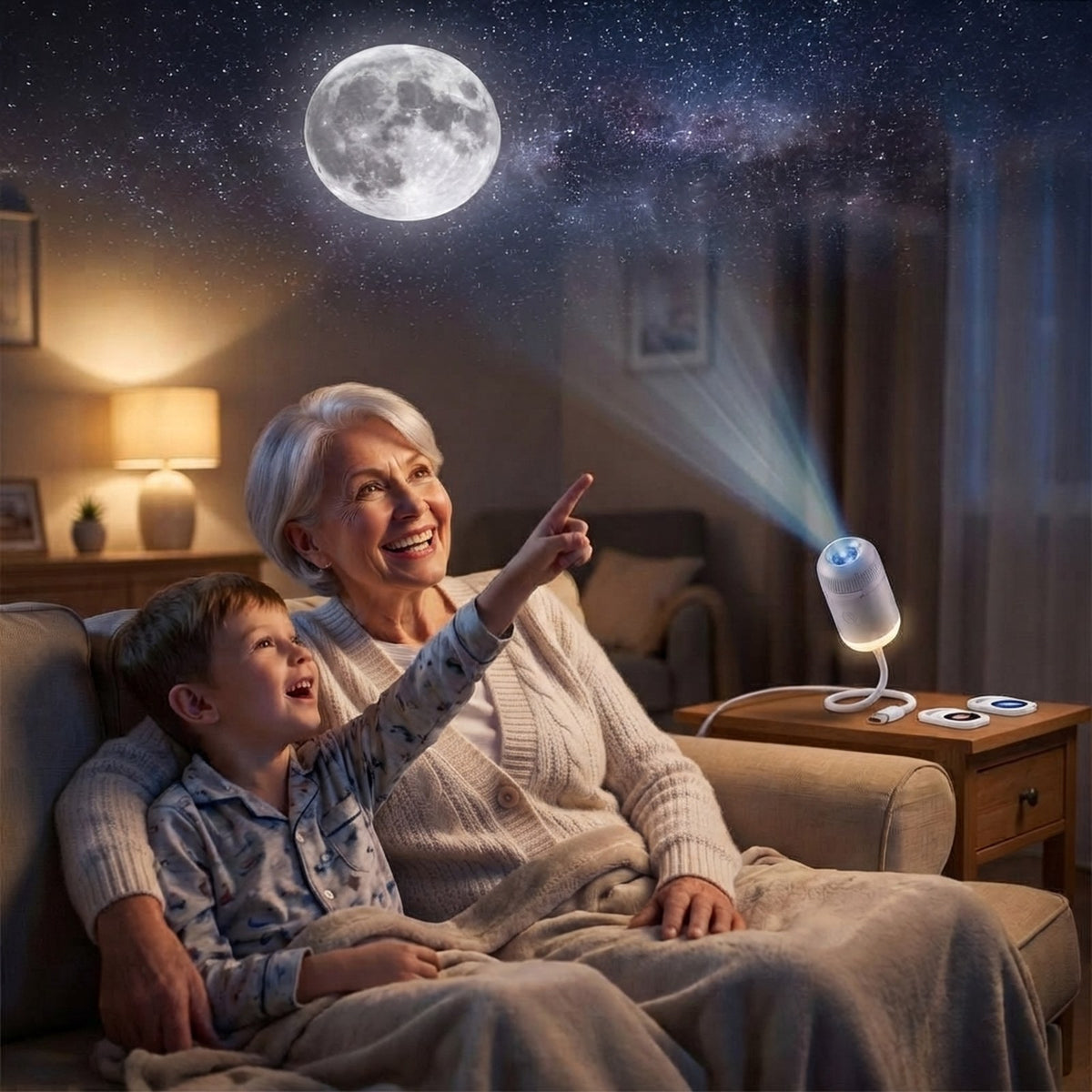 Grandmother and grandson pointing at the Moon on the living room ceiling