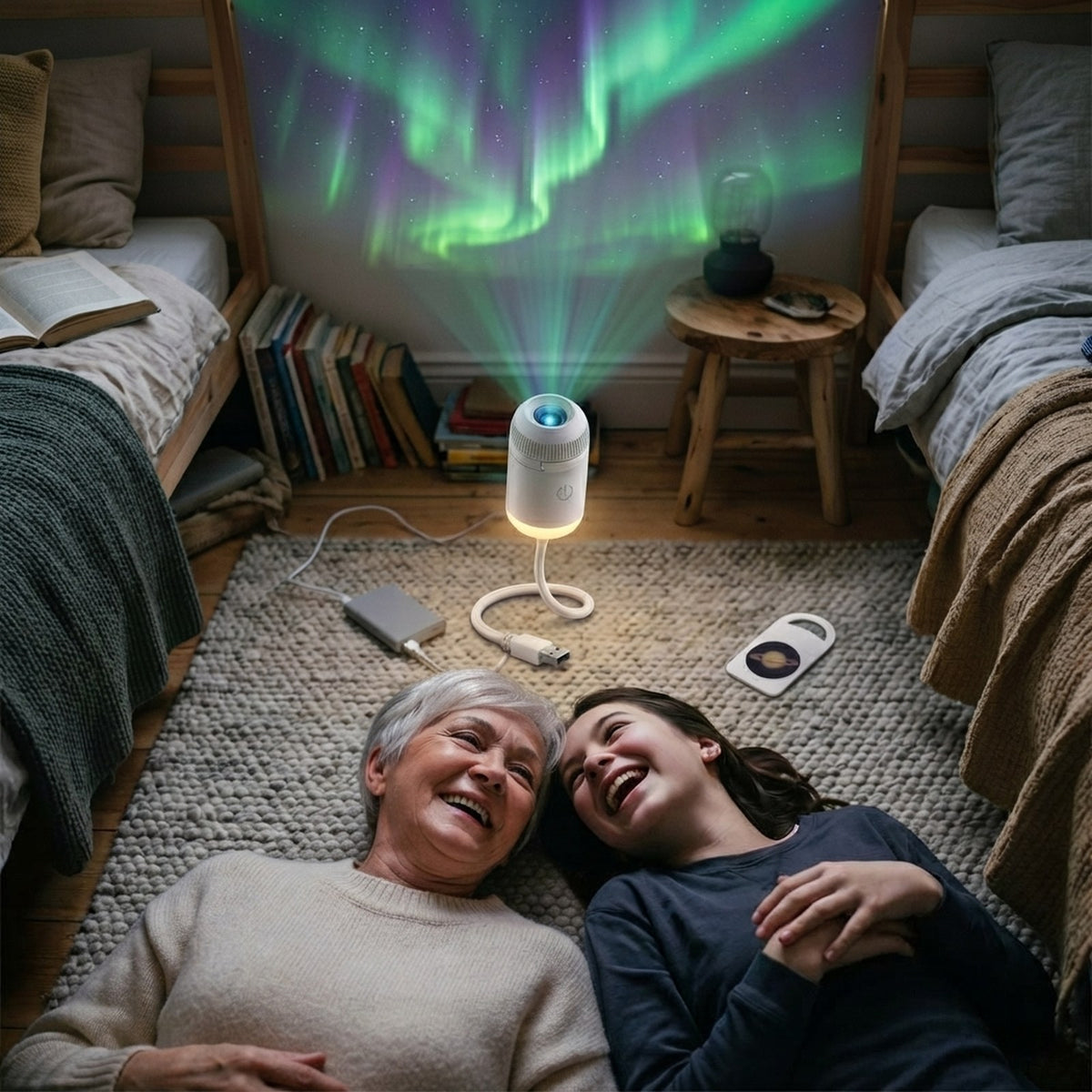 Grandmother and granddaughter laughing under northern lights on the ceiling