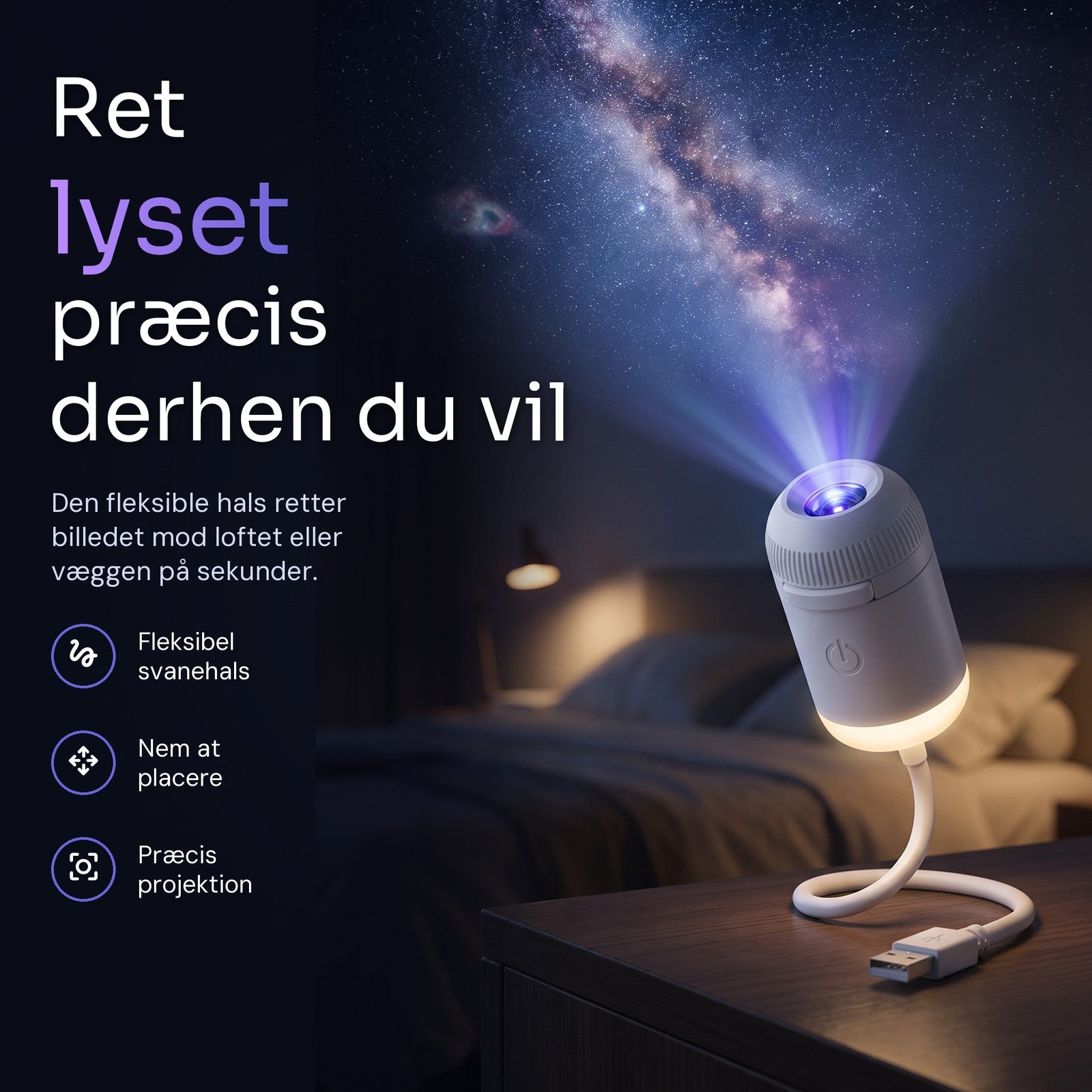 Starly på et natbord, der sender en galakse op i loftet