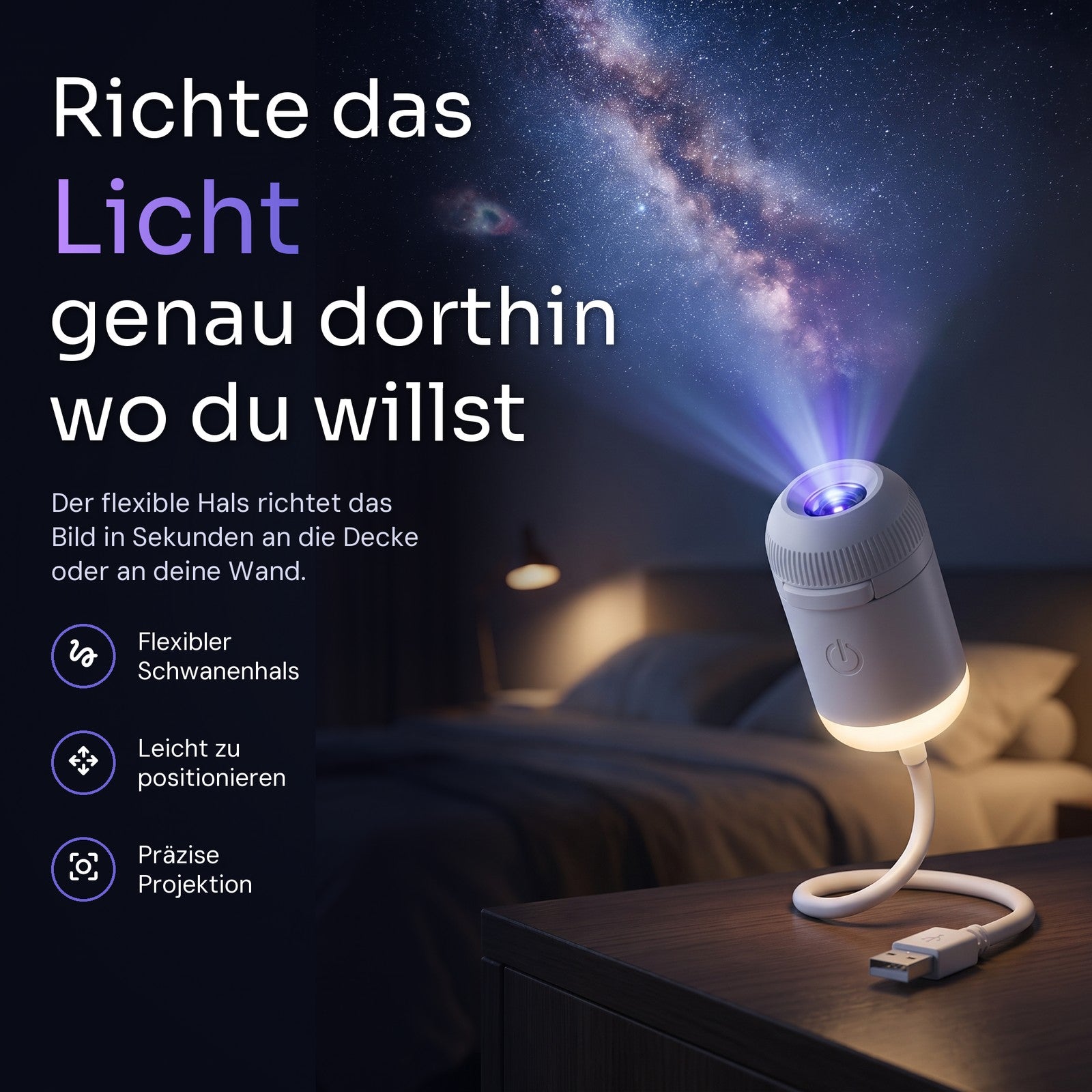 Starly auf einem Nachttisch projiziert eine Galaxie an die Decke