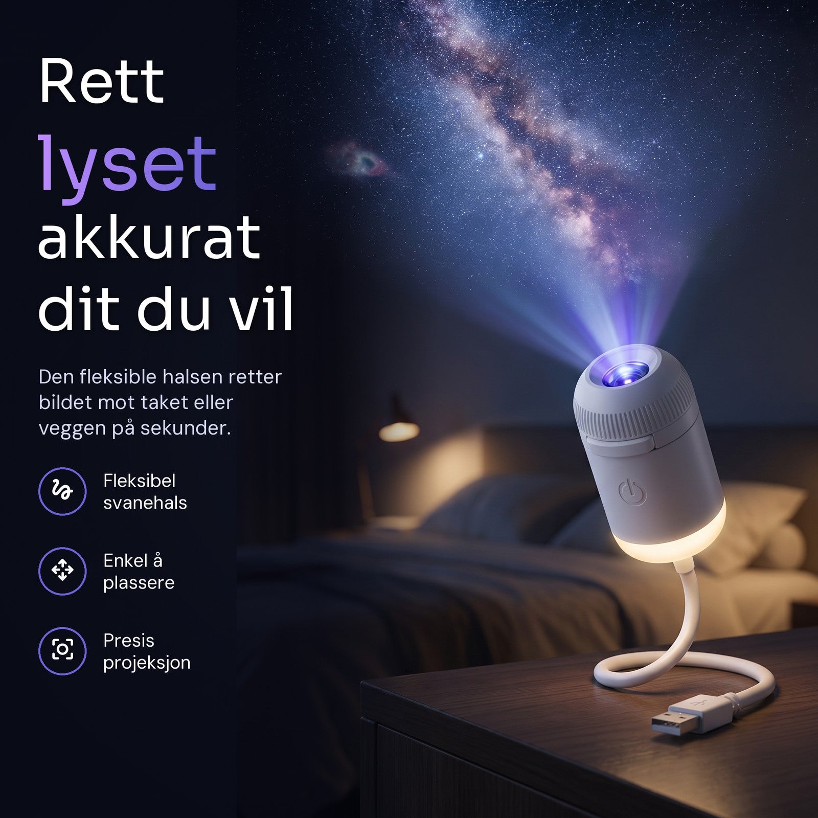 Starly på et nattbord som sender en galakse opp i taket