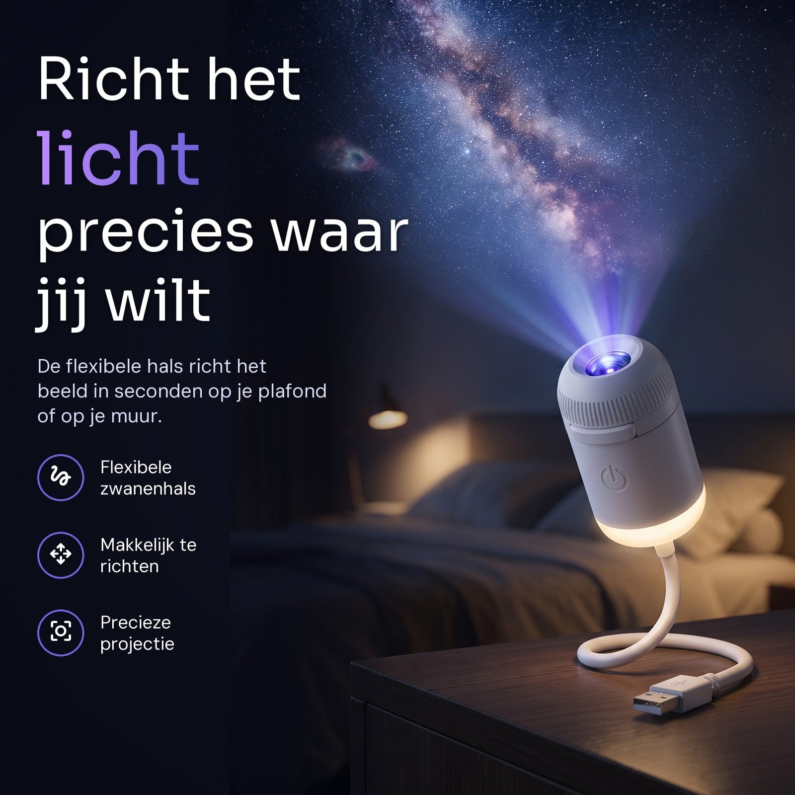 Starly op een nachtkastje richt een melkweg op het plafond