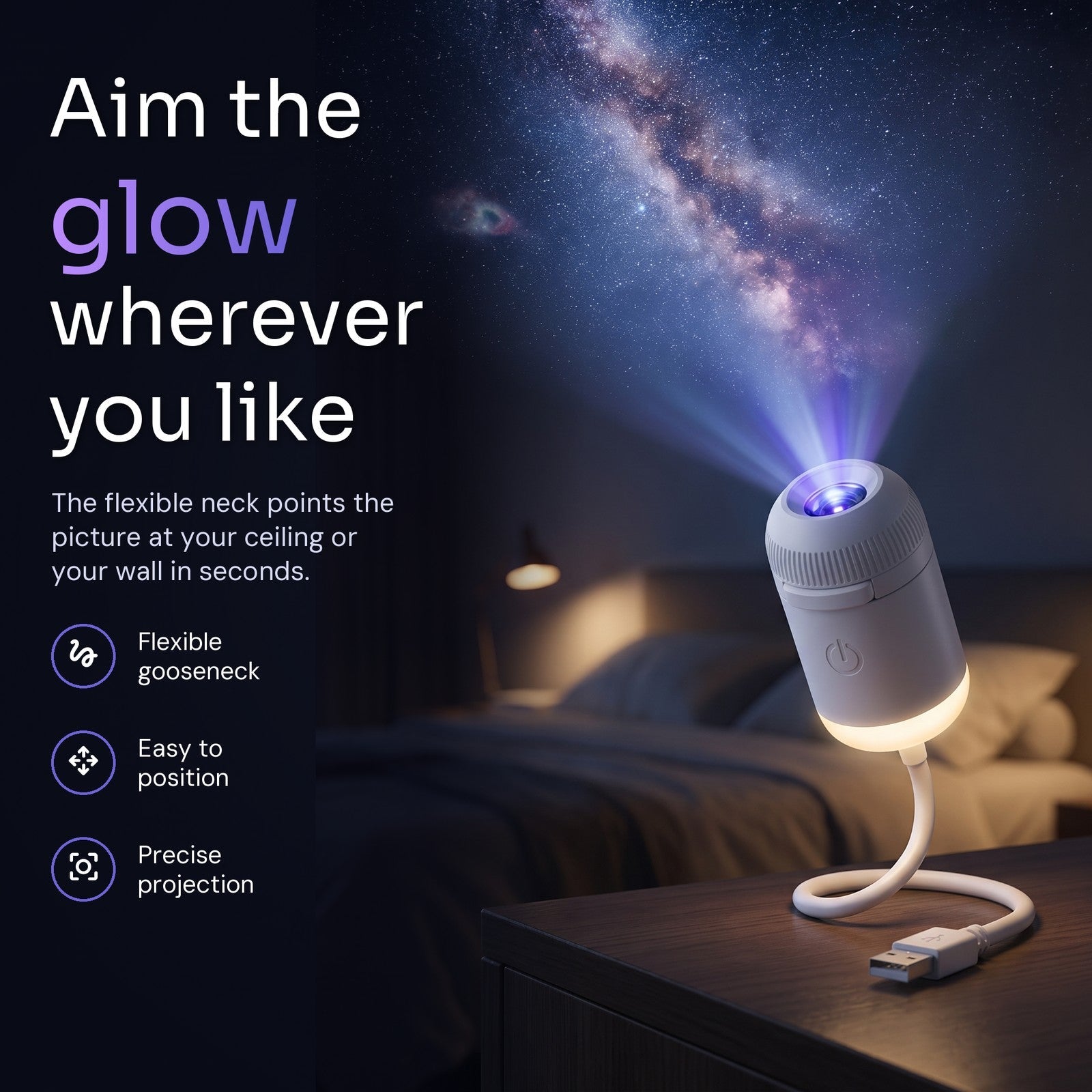 Starly on a nightstand aiming a galaxy at the ceiling