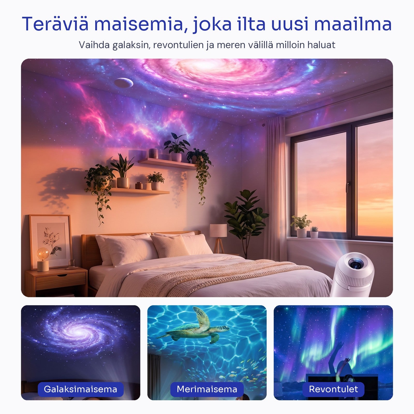 Makuuhuone, jonka katossa on galaksi, ja kolme maisemaesimerkkiä