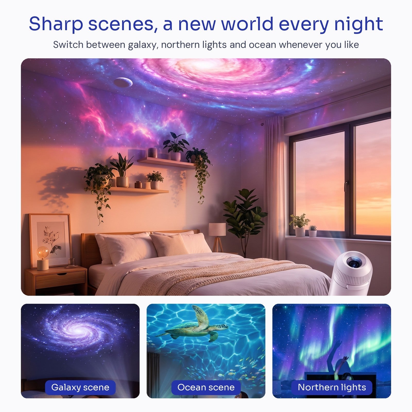 A bedroom with a galaxy ceiling and three scene examples