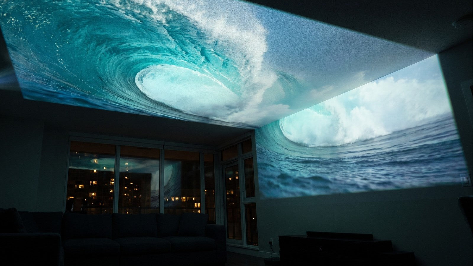 A giant ocean wave projected across a living room ceiling