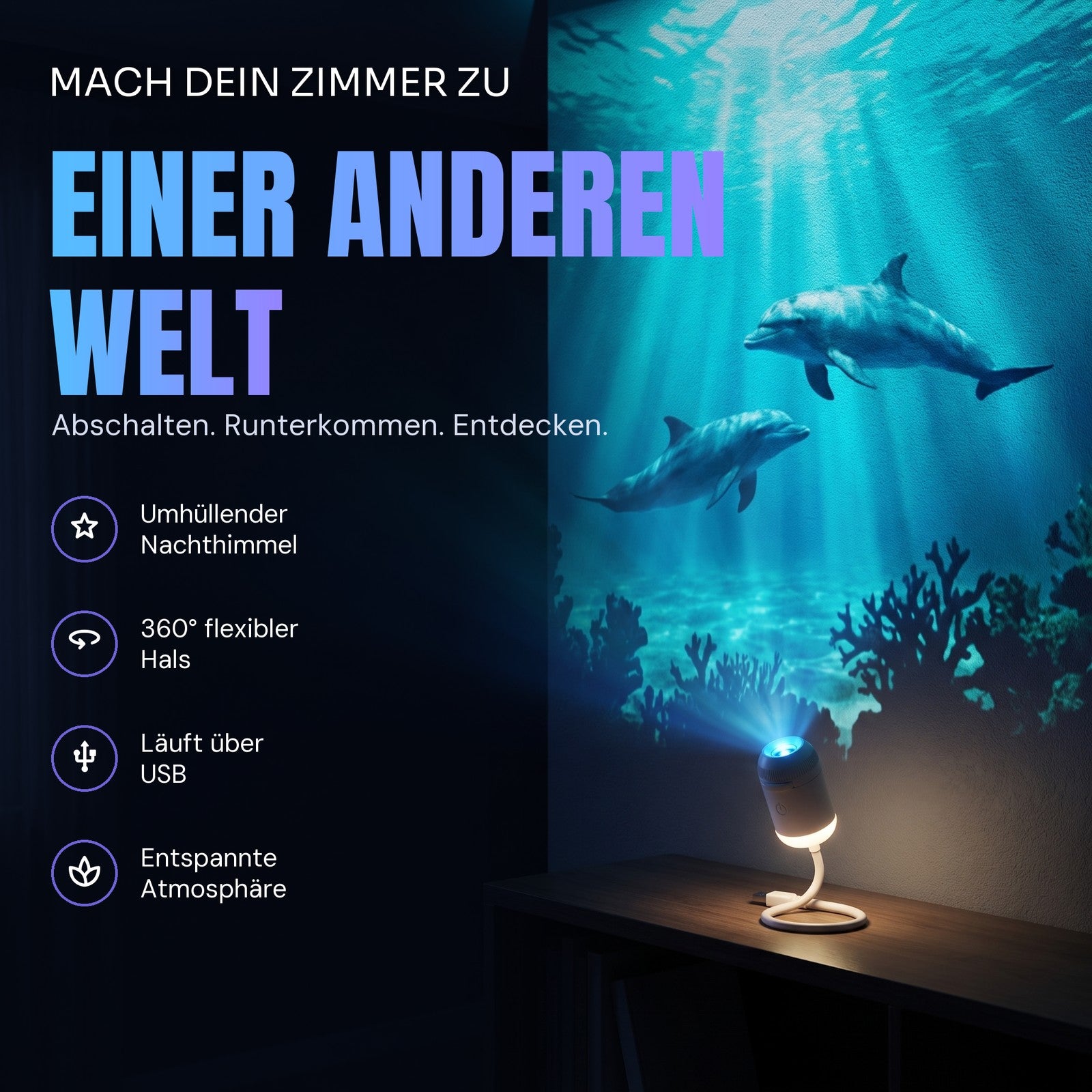 Delfine und Sonnenstrahlen auf eine Schlafzimmerwand projiziert