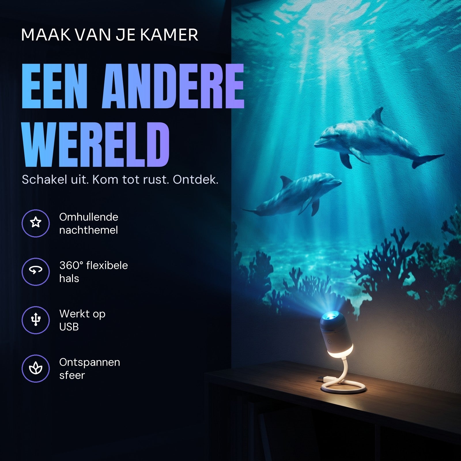 Dolfijnen en zonnestralen geprojecteerd op een slaapkamermuur