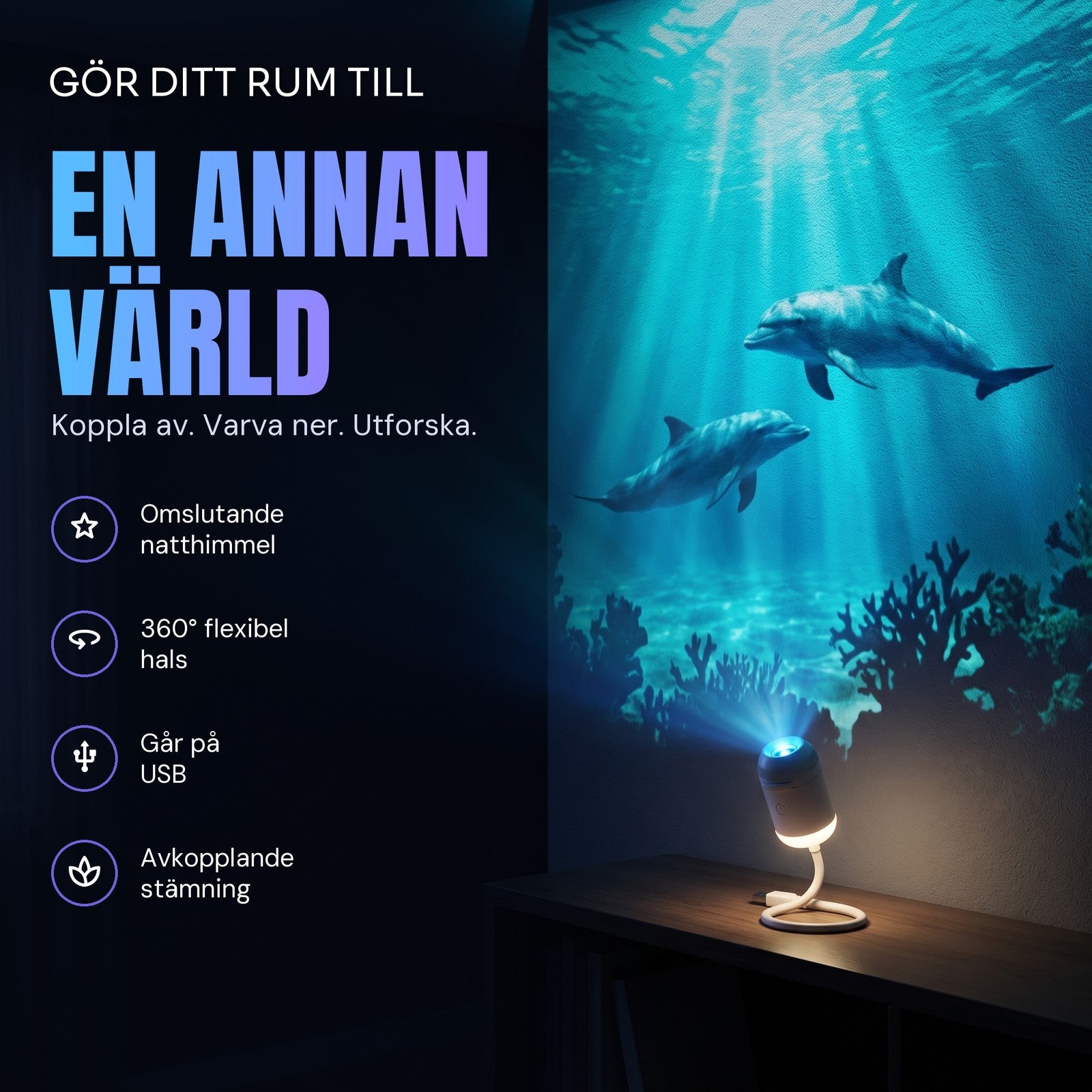 Delfiner och solstrålar projicerade på en sovrumsvägg