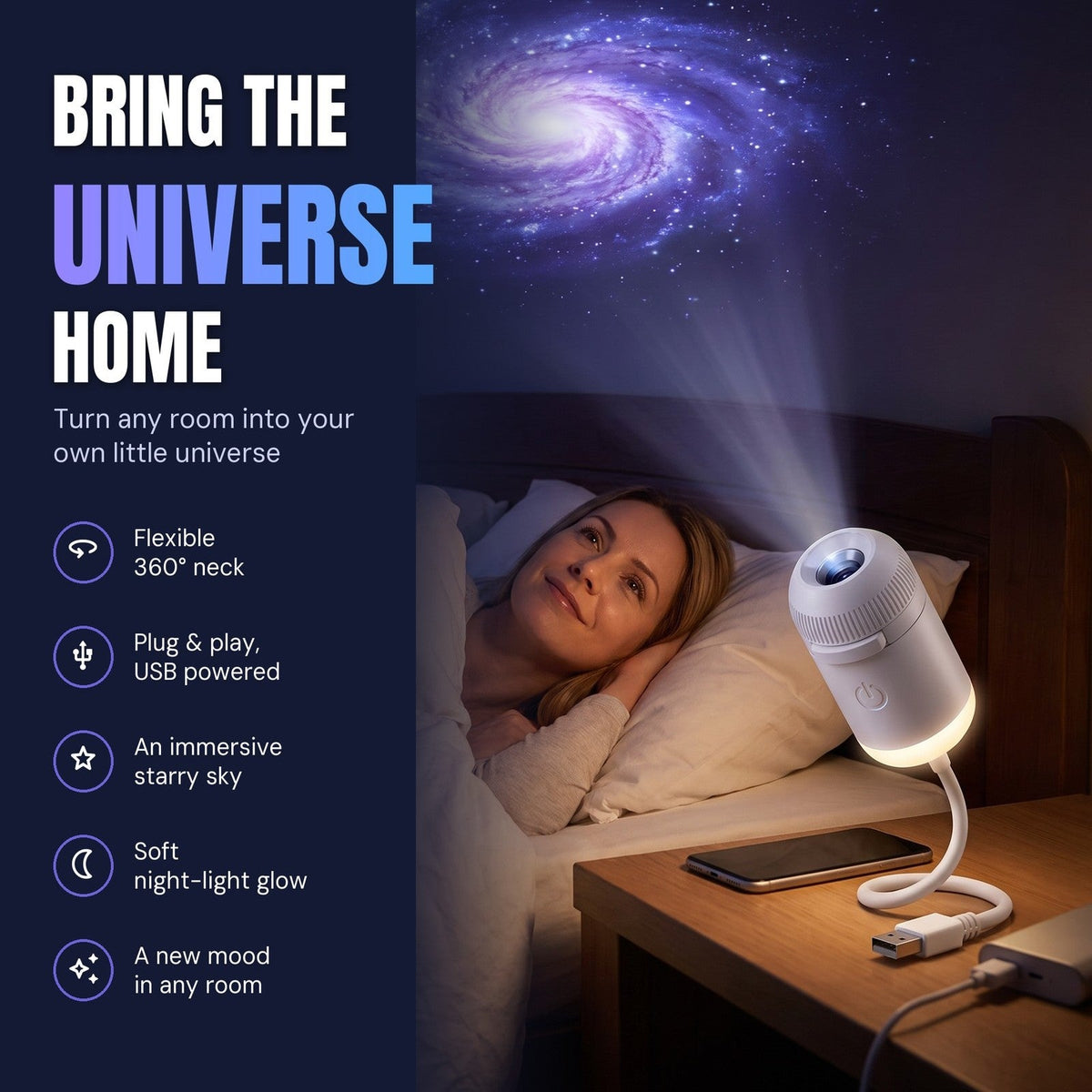 Starly projecting a galaxy over the bed