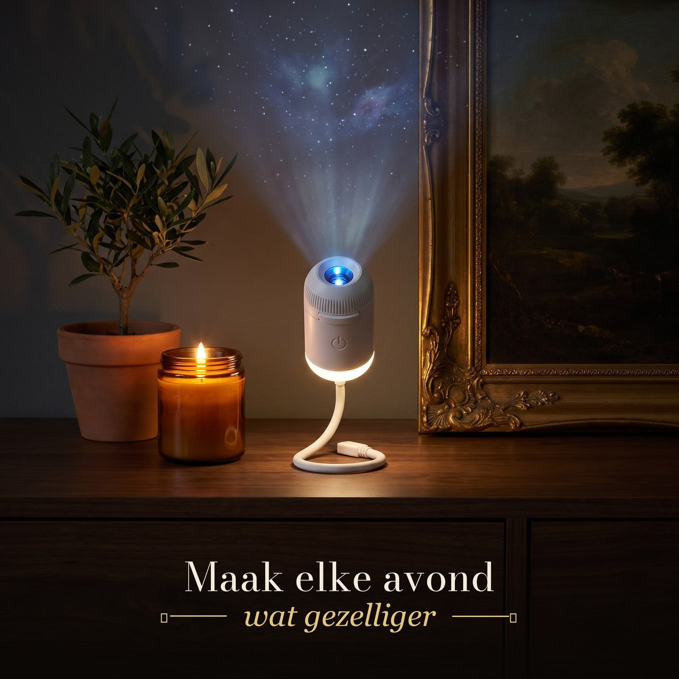 Starly gloeit op een dressoir naast een kaars