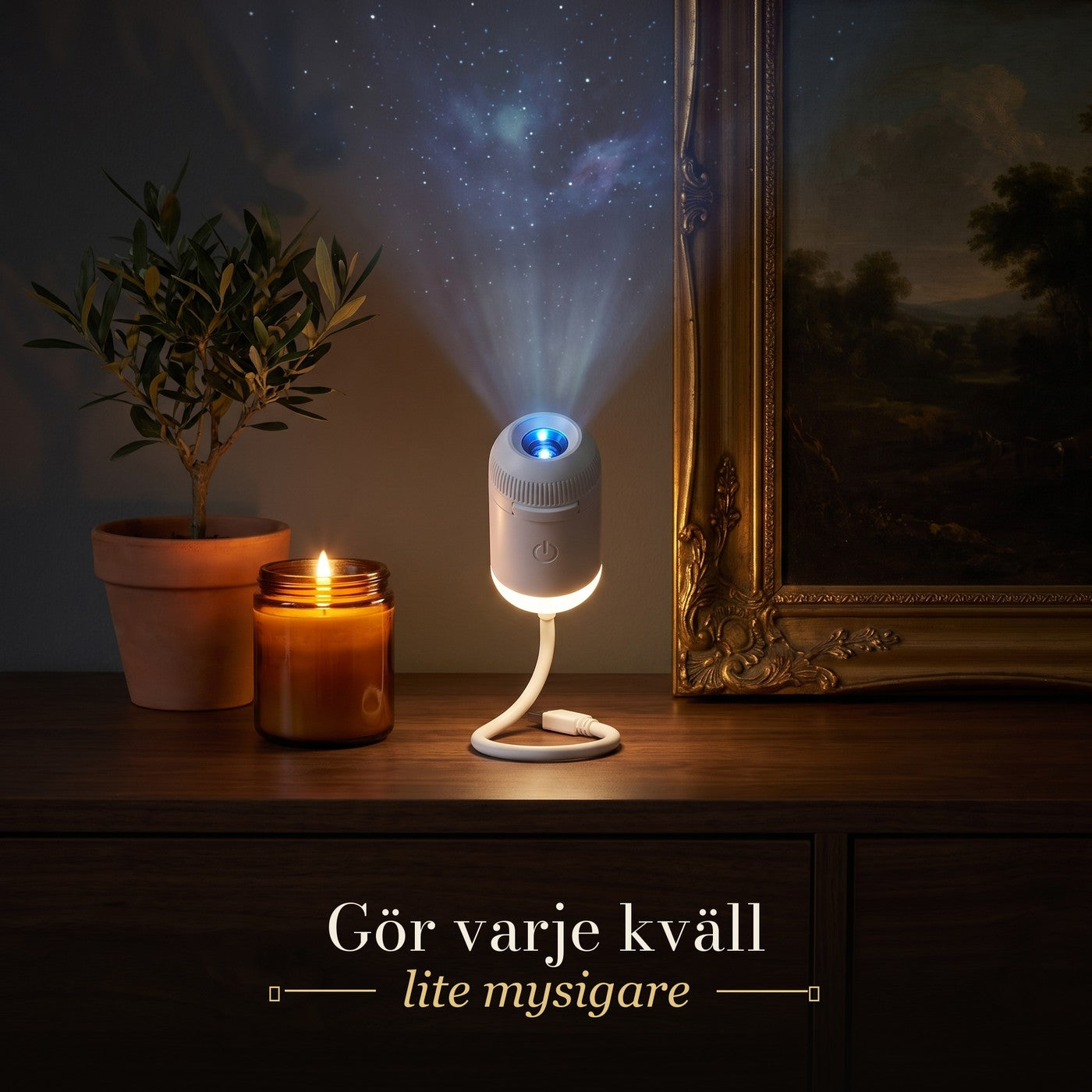 Starly som lyser på en byrå bredvid ett stearinljus