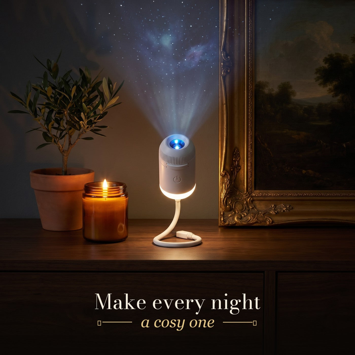 Starly glowing on a sideboard next to a candle