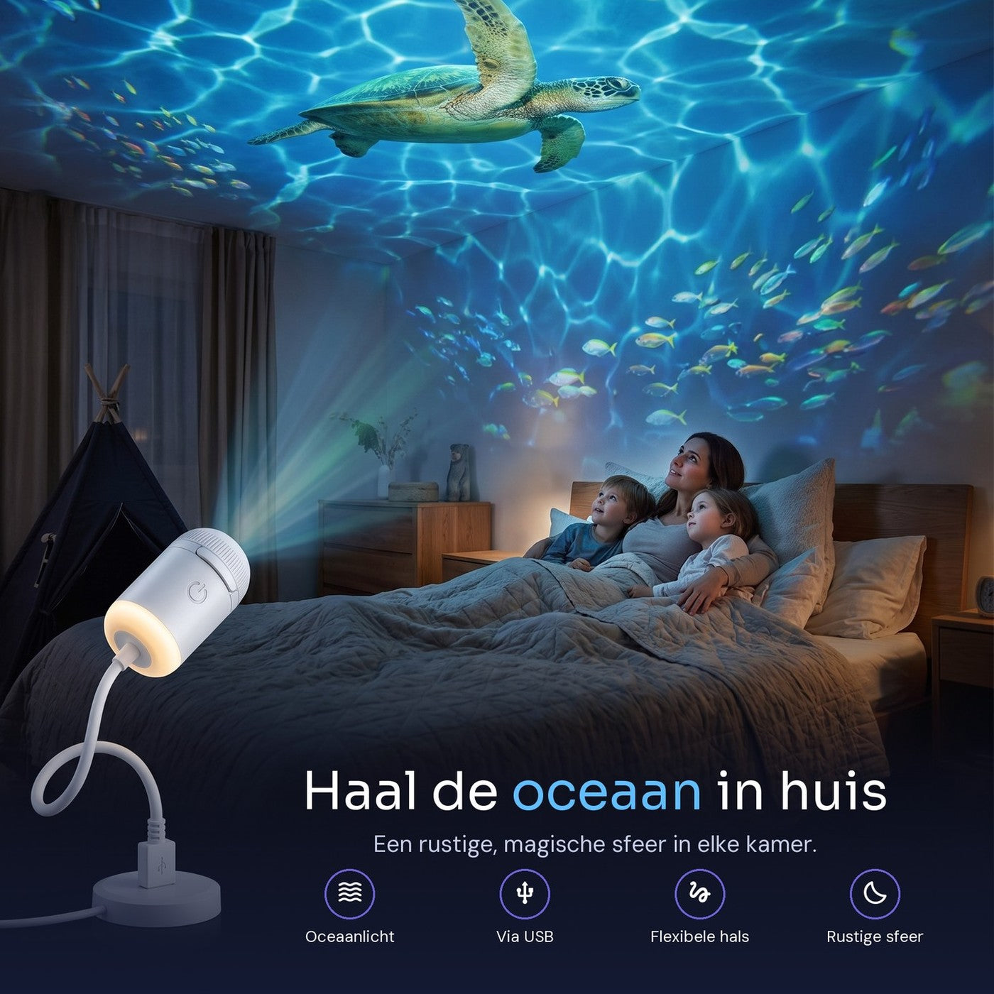 Een gezin in bed kijkt naar een oceaanscène op het plafond