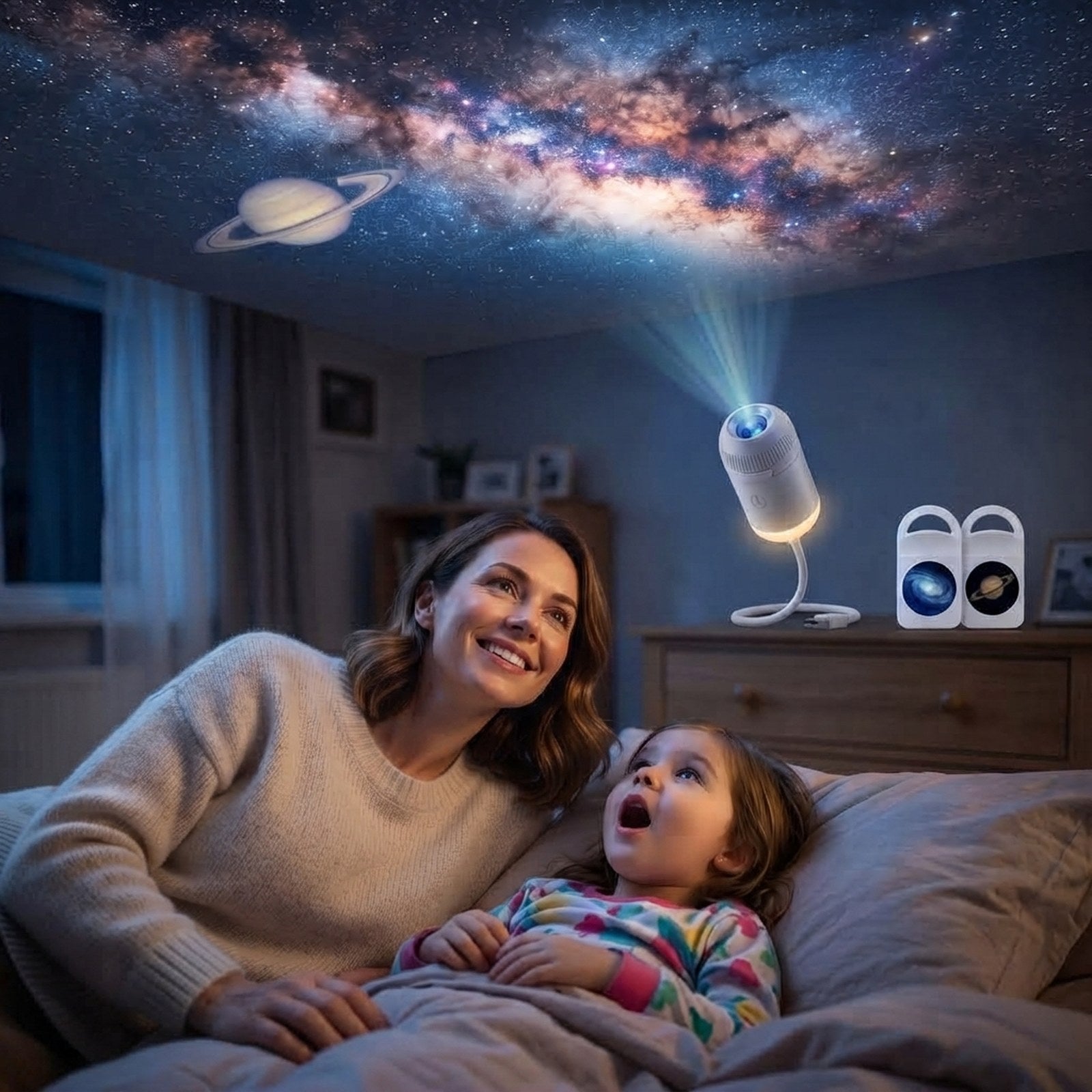 Mother and daughter watching the Milky Way on the bedroom ceiling