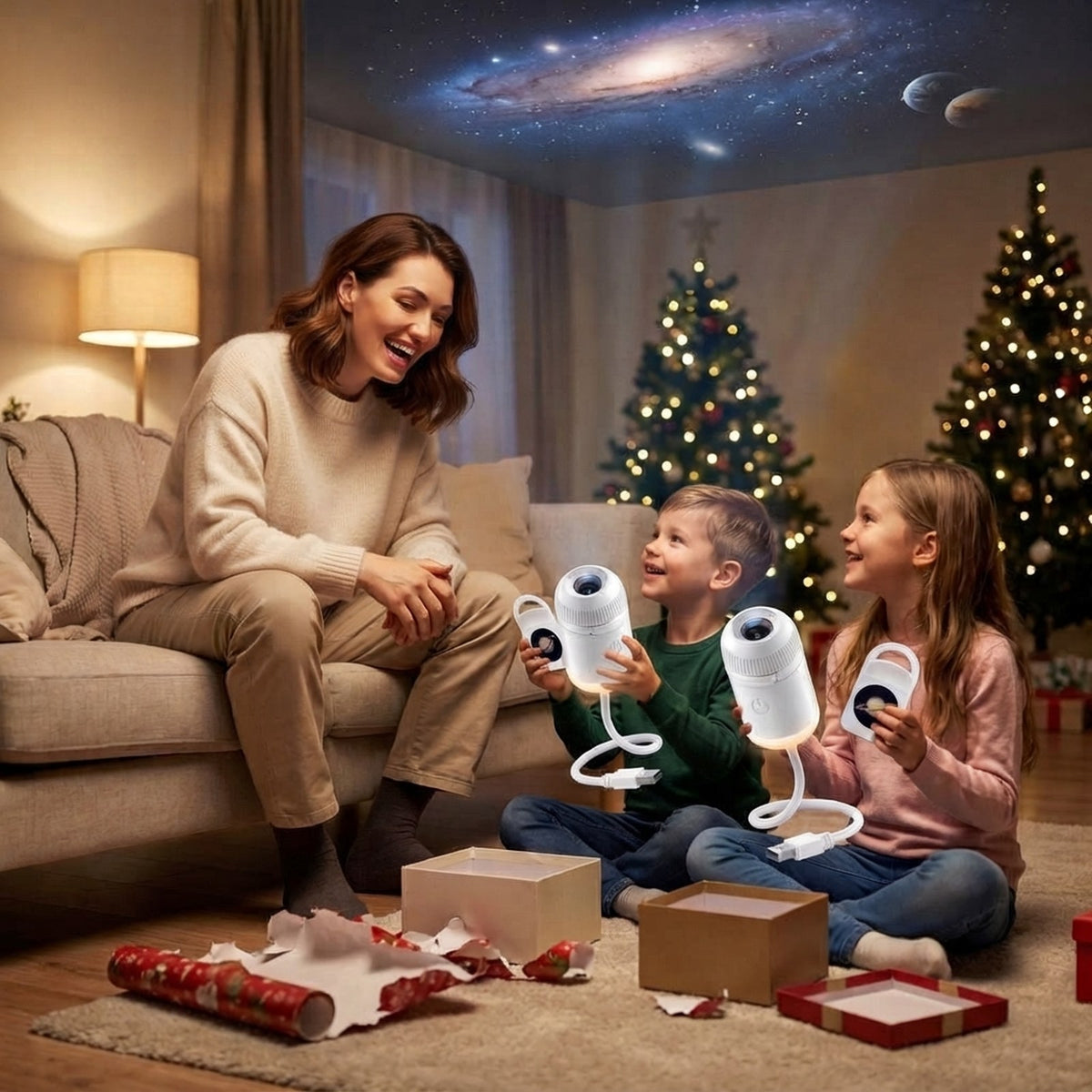 Two children unwrapping one STARLY projector each with their mother