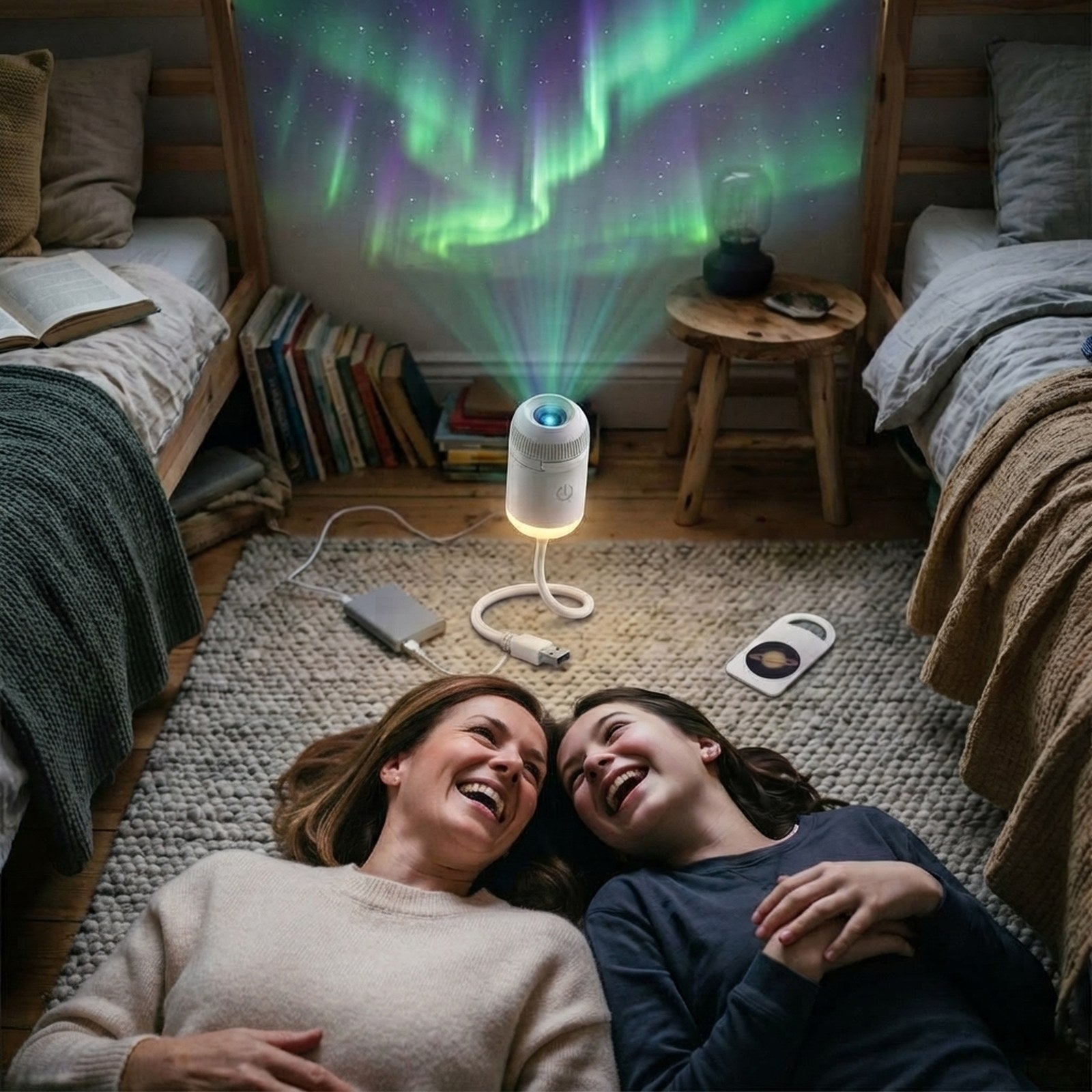 Mother and daughter laughing under northern lights on the ceiling