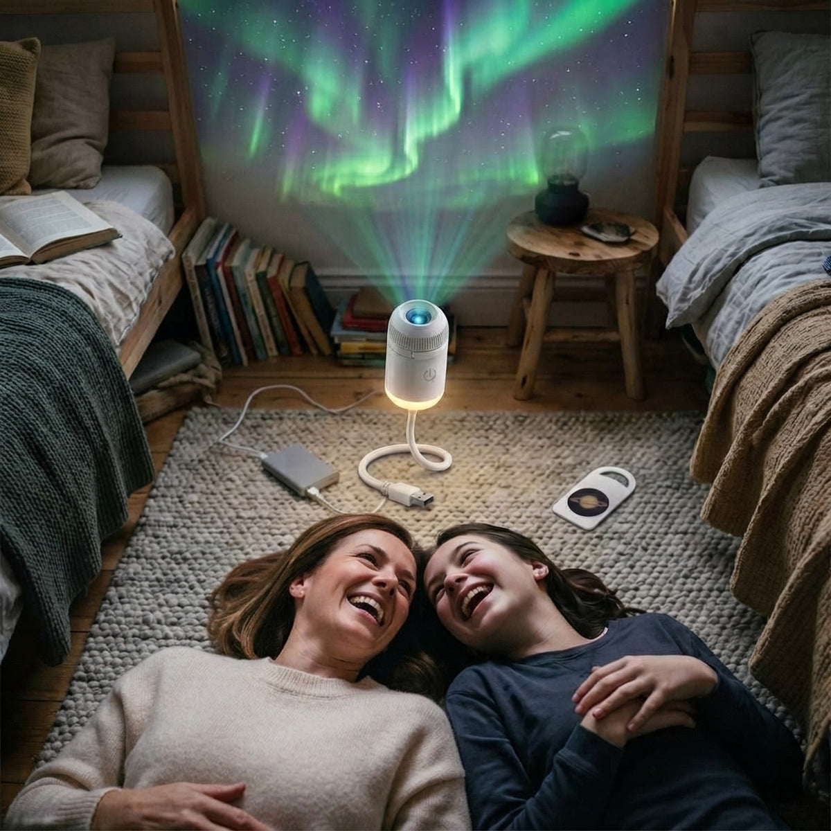 Mother and daughter laughing under northern lights on the ceiling