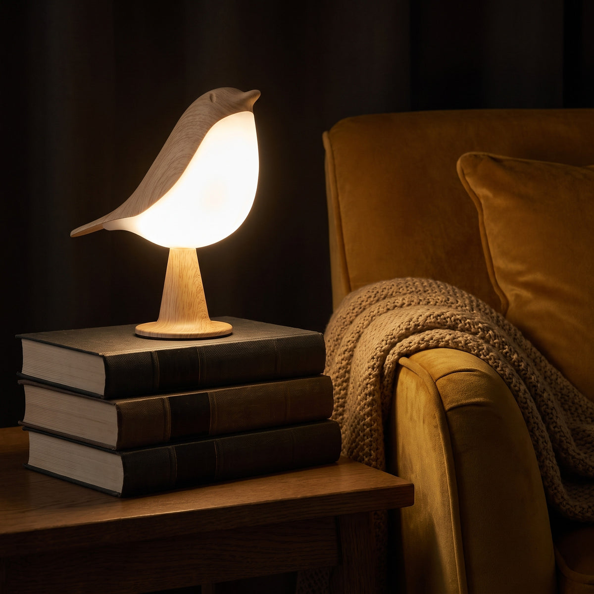 Songlow bird lamp glowing on a stack of books in a dark reading corner