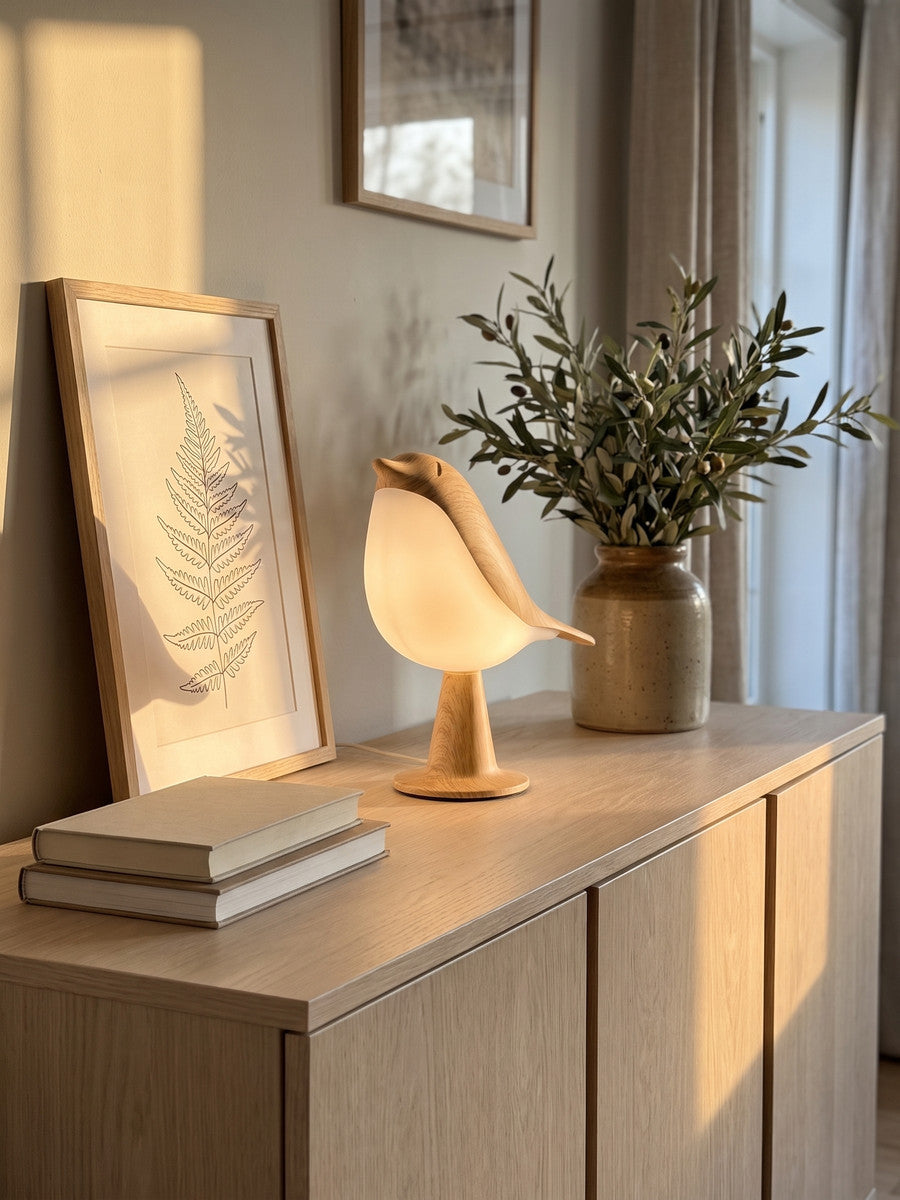 Songlow bird lamp glowing on a living-room sideboard
