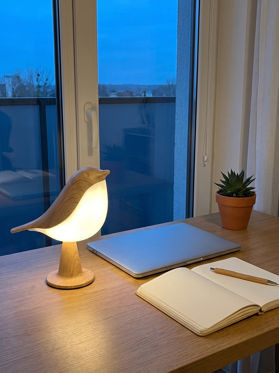 Songlow bird lamp on a desk