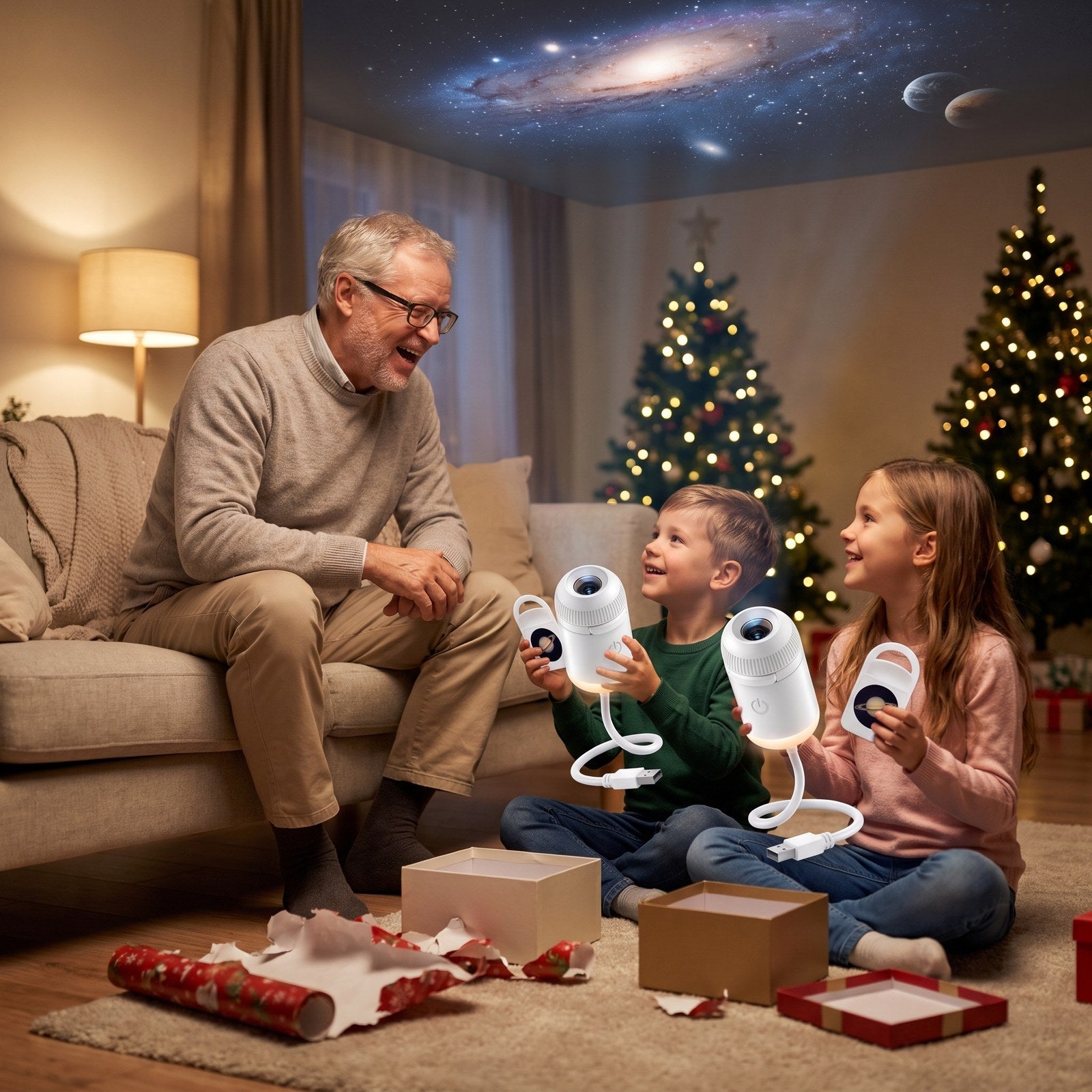 Two grandchildren unwrapping one STARLY projector each