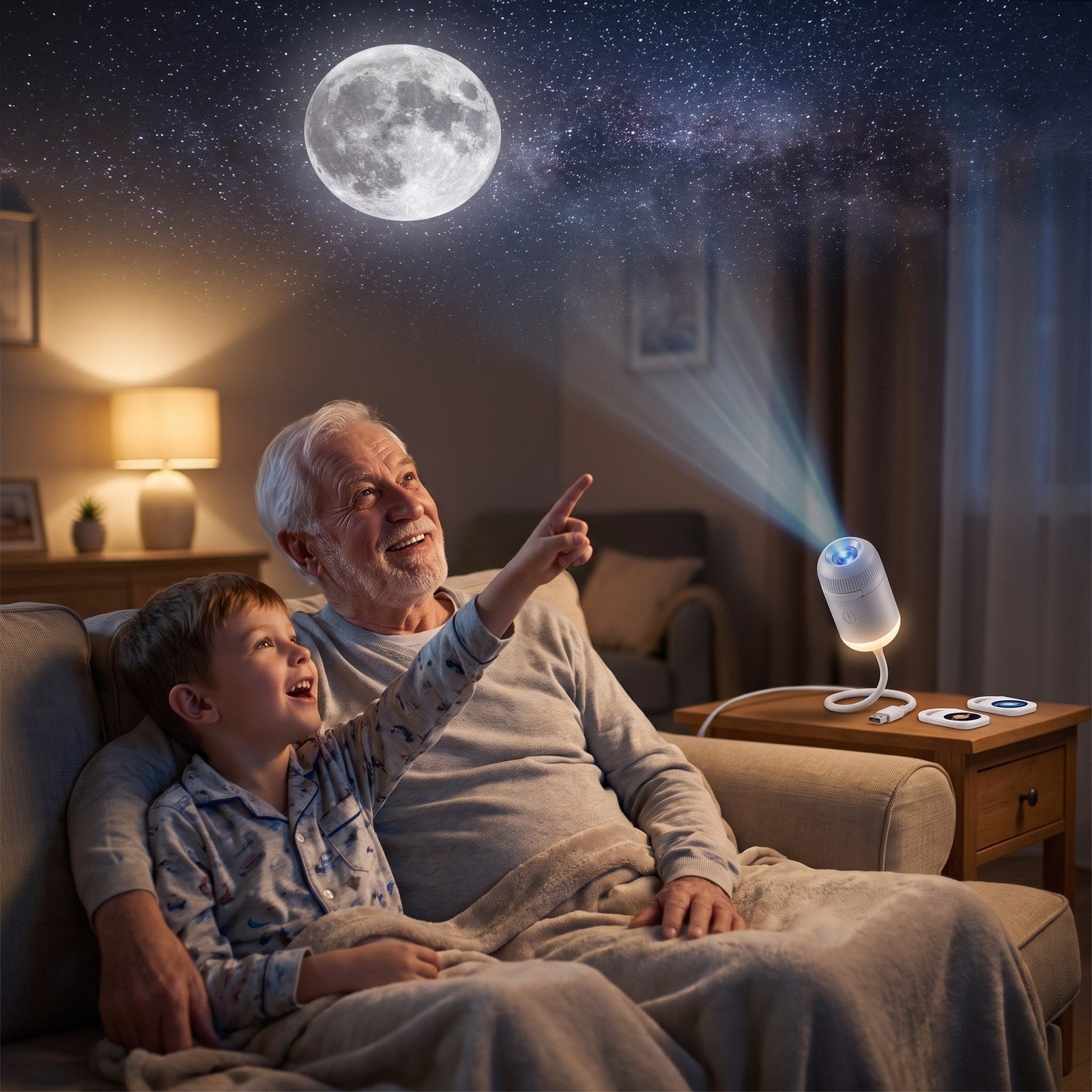 Grandfather and grandson pointing at the Moon on the living room ceiling