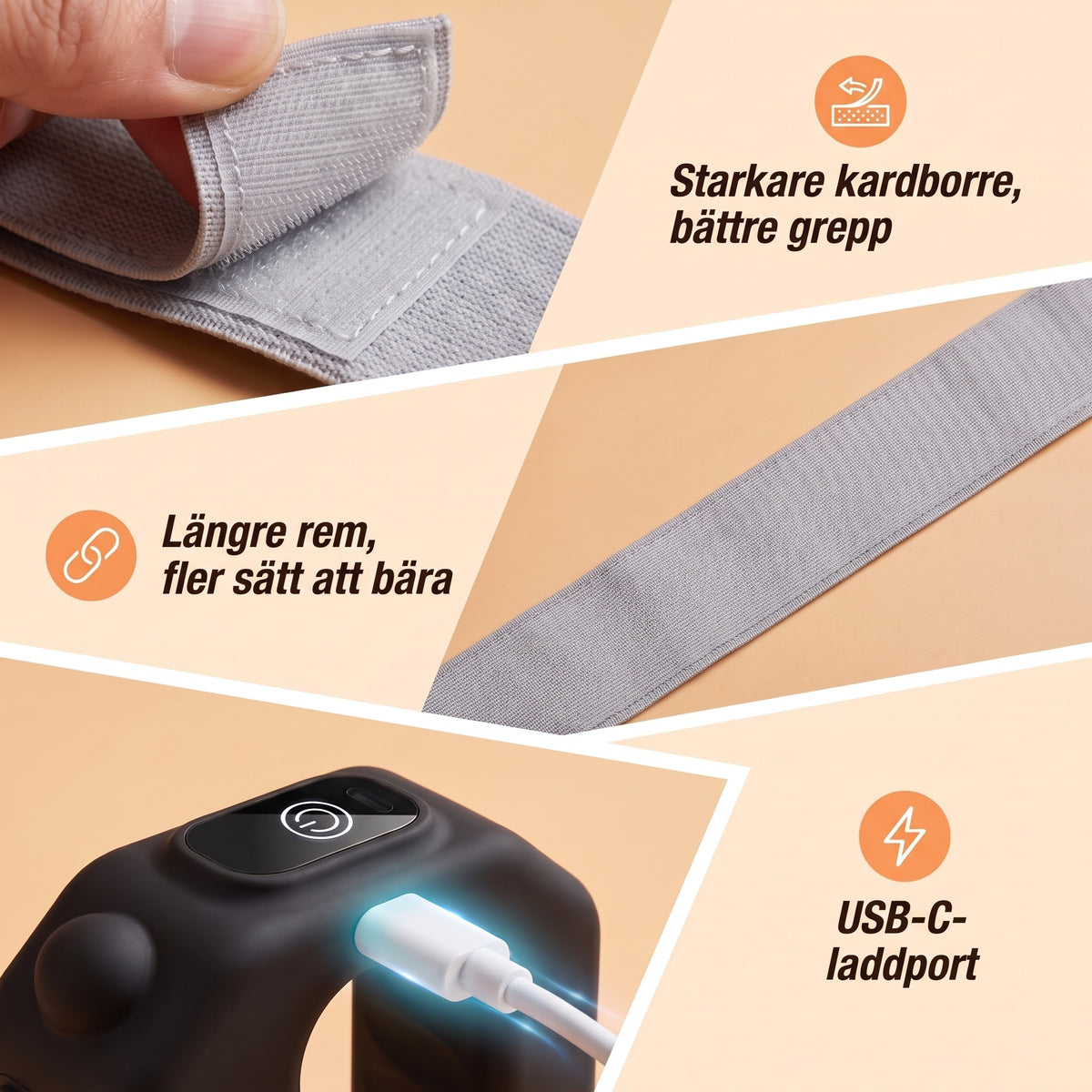 Kardborrefäste, lång rem och USB-C-port